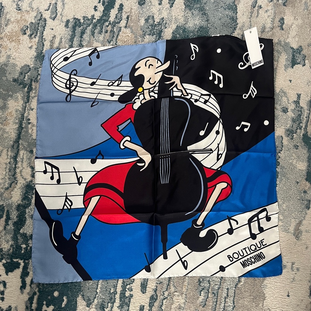 Silk Scarf MOSCHINO Boutique Olive Oyl Graphic 100% SILK 18.5” SQUARE Italy NEW